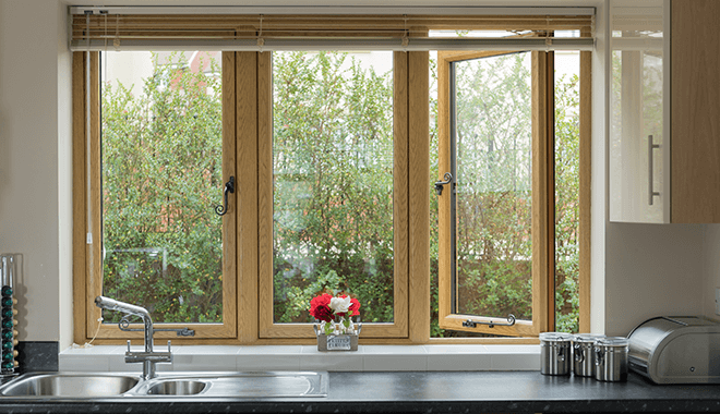 Flush sash upvc windows in light brown wooden foil in a kitchen